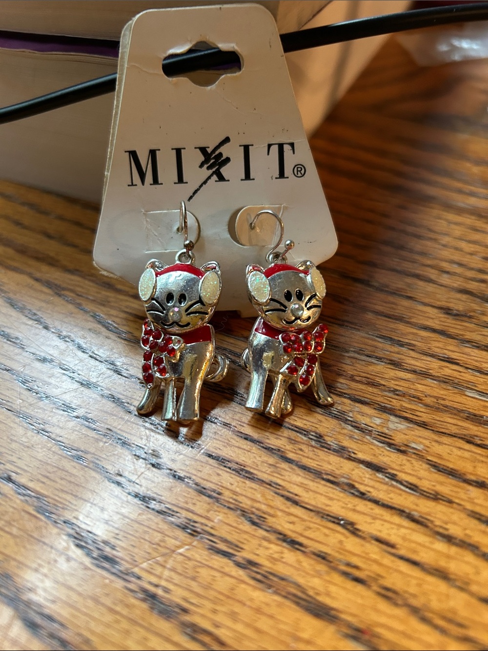 Mixit Silver Cat Earrings with Red Accents